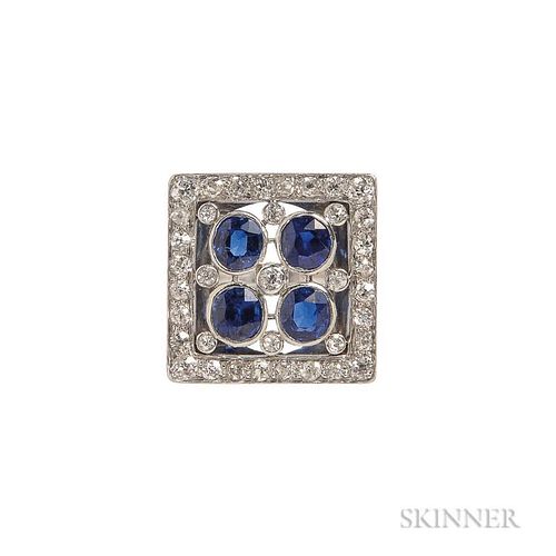 Platinum, Sapphire, and Diamond Plaque Ring, set with four cushion-cut sapphires and old single- and old mine-cut diamonds, s