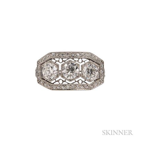 Art Deco Platinum and Diamond Three-stone Ring, Tiffany & Co., set with three old European-cut diamonds each weighing approx.