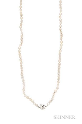 Art Deco Natural Pearl and Diamond Necklace, composed of 164 pearls ranging in size from approx. 4.25 to 5.35 mm, completed b