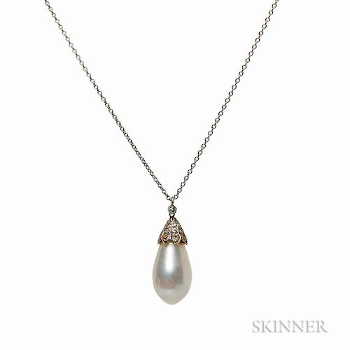 Antique Natural Pearl Pendant, the pearl drop measuring approx. 11.63 mm, diamond-set cap, suspended from a later chain. Note