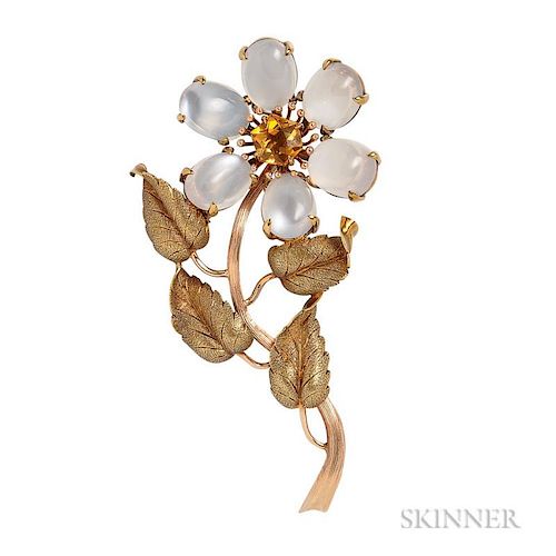 Retro 14kt Gold, Moonstone, and Citrine Flower Brooch, centering a fancy-cut citrine with cabochon moonstone petals, 13.8 dwt