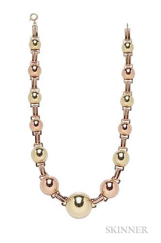 Retro 14kt Bicolor Gold Necklace, in rose and yellow gold, 32.9 dwt, lg. 16 in.