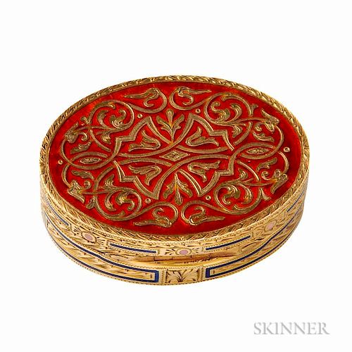 18kt Gold and Enamel Pillbox, Piaget, the engraved box with polychrome enamel, 17.8 dwt, lg. 1 1/2 in., signed.