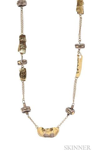 Gold and Silver Necklace, Janiye, with 18kt gold links and silver rondels with applied gold accents, 14kt gold chain, total w
