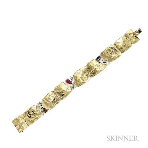18kt Gold, Gem-set, and Diamond "Odyssey" Bracelet, SeidenGang, the matte gold panels with ancient motifs, fancy-cut citrine,