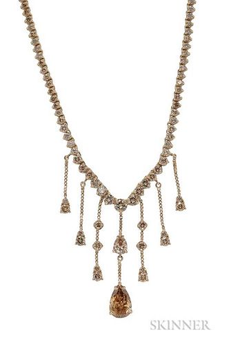 14kt Gold and Colored Diamond Necklace, suspending two pear-shape brown diamond drops weighing approx. 3.00 and 0.75 cts., fu