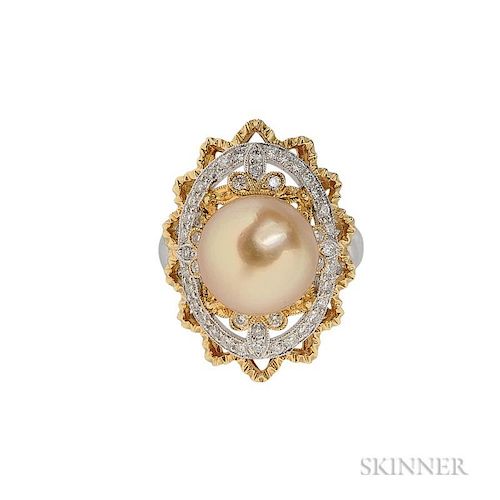 18kt Gold, Golden South Sea Pearl, and Diamond Ring, the pearl measuring approx. 12.30 mm, framed by full-cut diamond melee, 