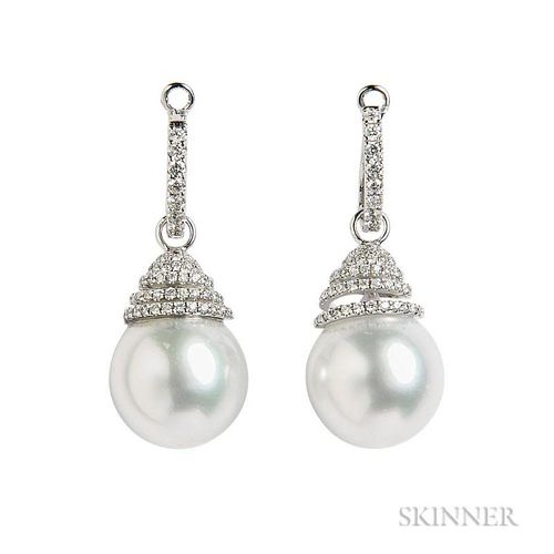 18kt White Gold, South Sea Pearl, and Diamond Earrings, each pearl measuring approx. 13.00 mm, lg. 1 1/4 in.