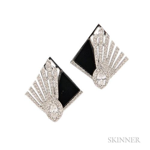 18kt White Gold, Onyx, and Diamond Earrings, the fan motifs set with marquise-cut diamonds and full-cut diamond melee, lg. 15