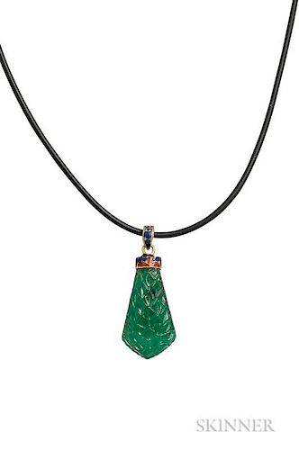 Emerald Pendant, the carved emerald with enamel cap, suspended from a cord, lg. 15 1/2 in.