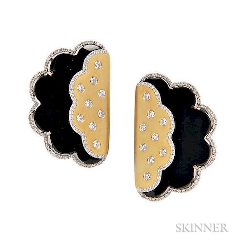 18kt Gold, Onyx, and Diamond Earrings, flush and bead-set with full-cut diamonds, lg. 1 in.