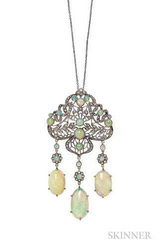 Opal and Diamond Pendant, the scrolling foliage set with opal cabochons and rose-cut diamonds, suspending drops, in silver an
