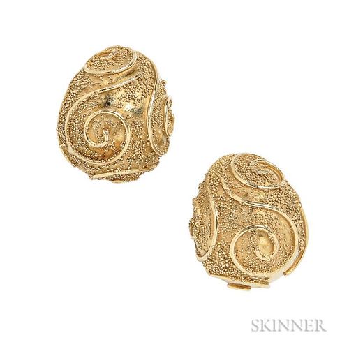 18kt Gold Earclips, Elizabeth Gage, with applied beads and wire, 27.0 dwt, lg. 1 in., British hallmarks, signed.