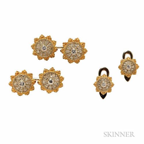 18kt Bicolor Gold and Diamond Dress Set, Buccellati, double-sided diamond-set lace-motif cuff links and two shirt studs, sign