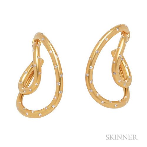 18kt Gold and Diamond Earrings, the matte gold hoops set with full-cut diamonds, 15.4 dwt, lg. 1 3/4 in.