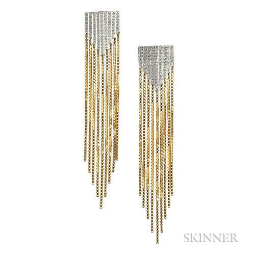 18kt Gold and Diamond Earrings, set with full-cut diamond melee and suspending delicate box chain, lg. 3 in.