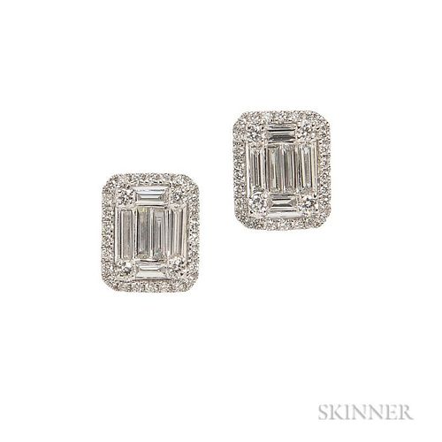 18kt White Gold and Diamond Earrings, set with full- and baguette-cut diamonds, lg. 7/16 in.
