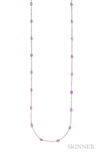 18kt Gold, Pink Sapphire, and Diamond Necklace, composed of pear-shape sapphires and rose-cut diamonds, lg. 38 in.