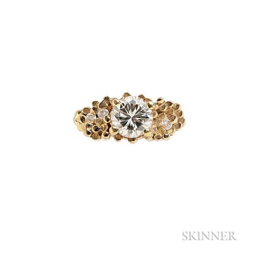 18kt Gold and Diamond Ring, c. 1970, centering a round full-cut diamond weighing 1.77 cts., size 9 1/2.  Note: Accompanied by