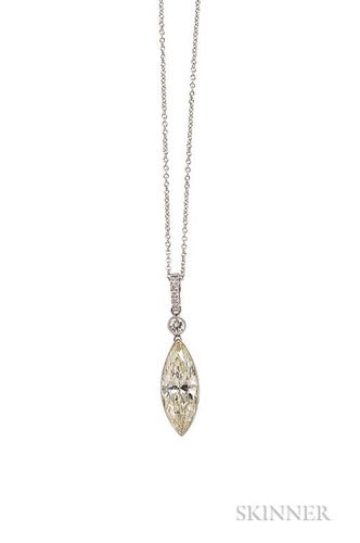 Platinum and Diamond Pendant, bezel-set with a marquise-cut diamond weighing 3.21 cts., suspended from full-cut diamonds, wit