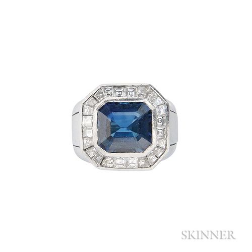 Platinum, Sapphire, and Diamond Ring, Hammerman Brothers, bezel-set with an emerald-cut sapphire weighing 6.43 cts., framed b