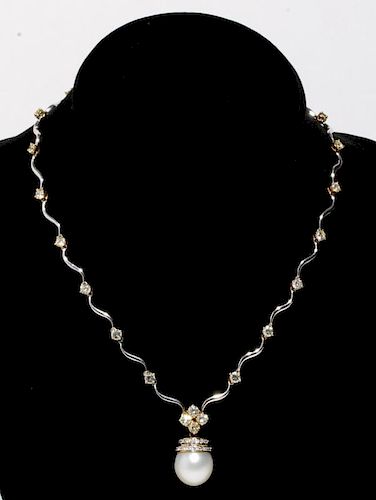 Diamond, Pearl & 18K White Gold Necklace