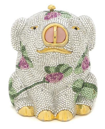 A Judith Leiber Silver Floral Pig Minaudiere, 4 x 3 1/2 inches.