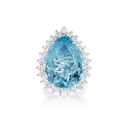 A Large Aquamarine and Diamond Ring