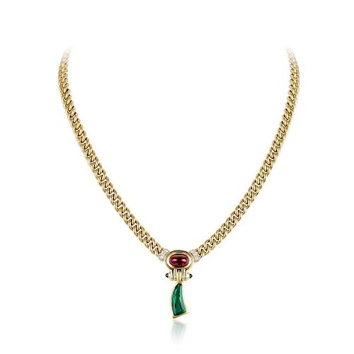 Bulgari Emerald, Ruby, and Diamond Pendant Necklace