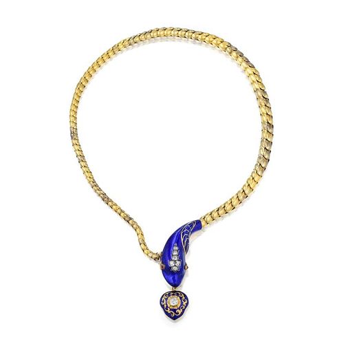 An Antique Enamel and Diamond Snake Necklace