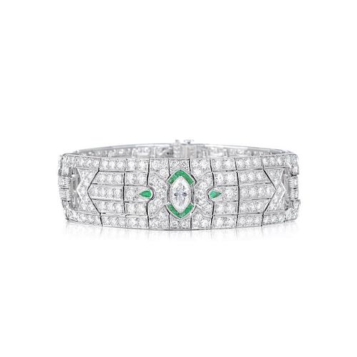 An Art Deco Diamond and Emerald Bracelet