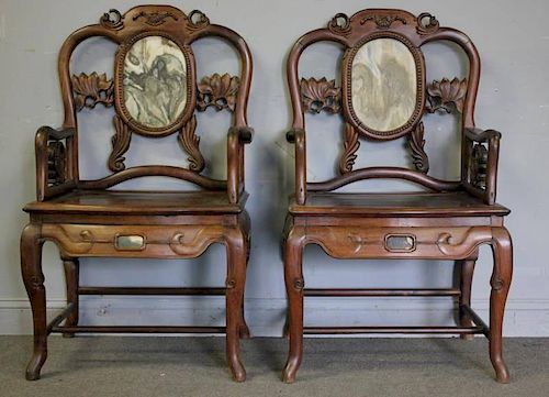 A Pair of Antique Chinese Hardwood Arm Chairs with