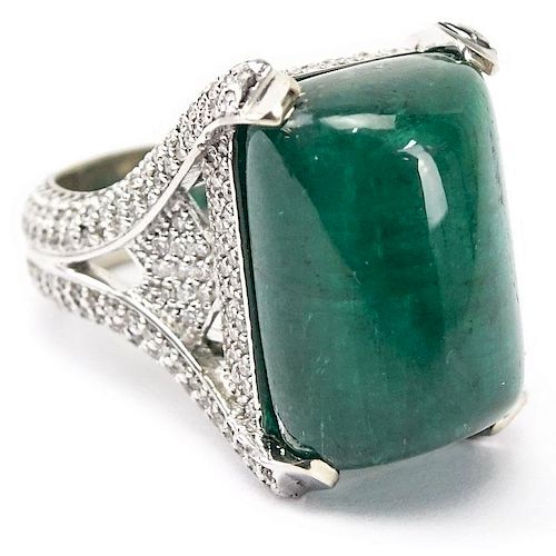 GIA Certified 25.59 Carat Sugarloaf Cabochon Emerald, Approx. 3.70 Carat Pave Set Diamond and 18 Karat White Gold Ring.