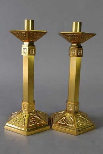 Pair Gothic Gilded Bronze Candlesticks