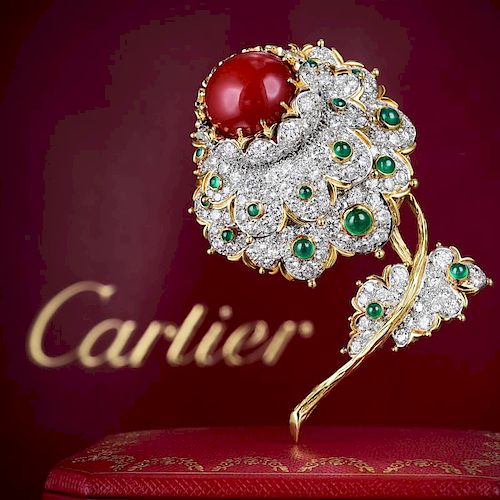 Cartier Coral, Diamond, and Emerald Flower Brooch