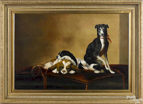 Contemporary oil on canvas portrait of three dogs