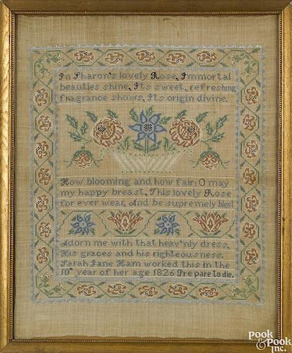 Silk on linen sampler dated 1826