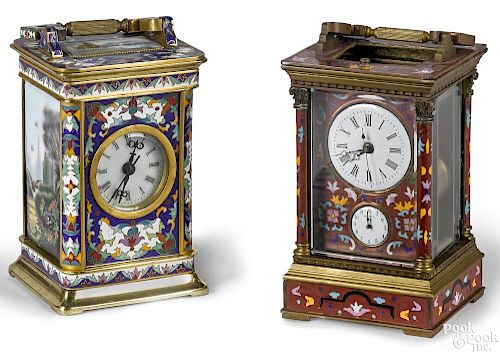 Two brass and cloisonné carriage clocks