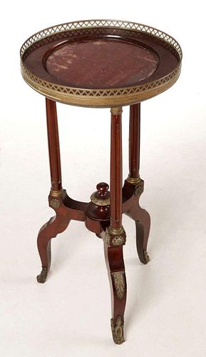 AN EARLY 20TH C FRENCH MAHOGANY STAND WITH MARBLE