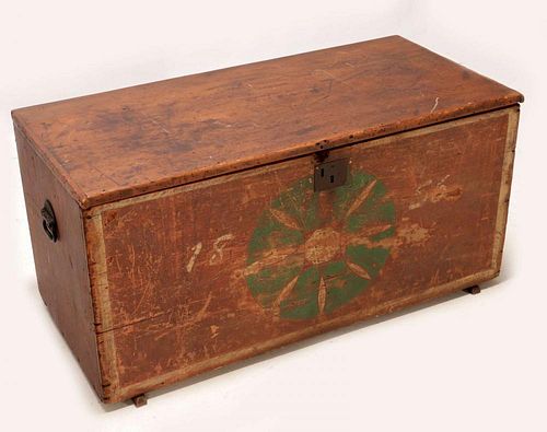 A GRAIN PAINTED SIX BOARD BLANKET CHEST DATED 1856