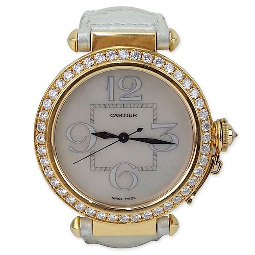 Cartier Pasha 18 Karat Rose Gold and Diamond Swiss Automatic Movement Watch with Mother of Pearl Dial and Crocodile Strap.