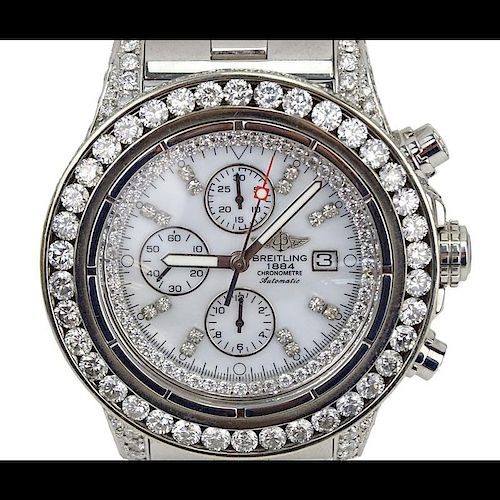 Man's Breitling Approx. 17.60 Carat Round Brilliant Cut Diamond and Stainless Steel Chronometre Automatic Bracelet Watch with