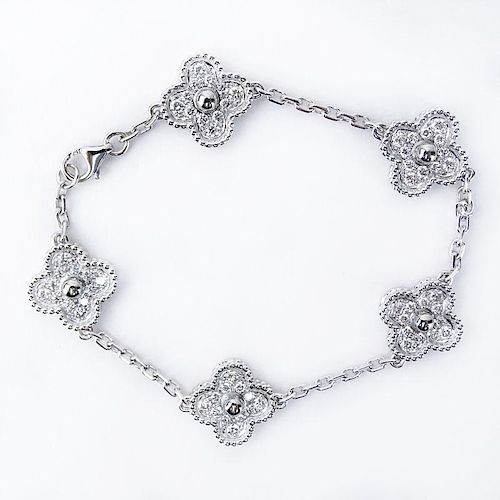 Van Cleef & Arpels Style Diamond and 18 Karat White Gold "Alhambra" Bracelet. Stamped 750 to clasp.