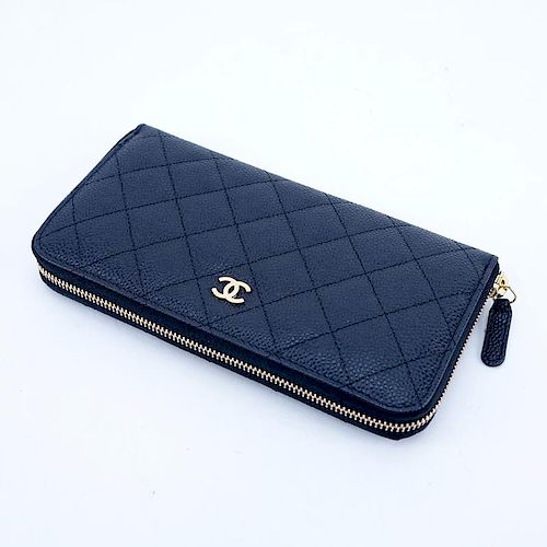 Chanel Black Quilted Caviar Leather L Gusset Zip Wallet.