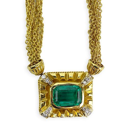 Approx. 3.65 Carat Emerald, Round Brilliant Cut Diamond and 18 Karat Yellow Gold Pendant Necklace.