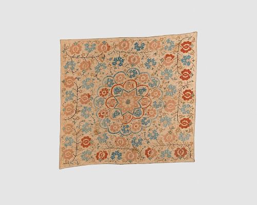 Turkish Textile, 18/19th century, silk embroidery on linen with metallic thread highlights