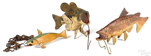 Three large carved and painted fish decoys, 20th c