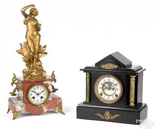 French gilt metal and marble mantel clock