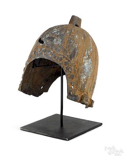 Chinese archaic bronze helmet, 12'' h.