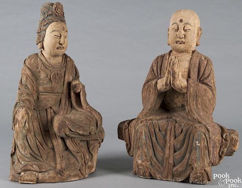 Pair of Chinese carved and painted wood scholars